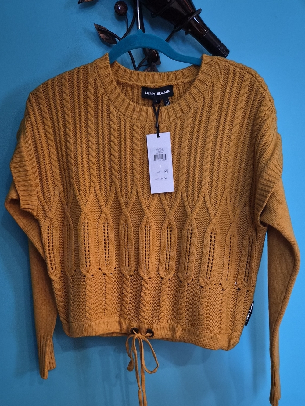NWT DKNY Mustard Yellow Cable Knit Crewneck Sweater PTP 22, L 20